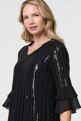 Sequin Stripe Ruffled 3/4 Sleeve Blouse