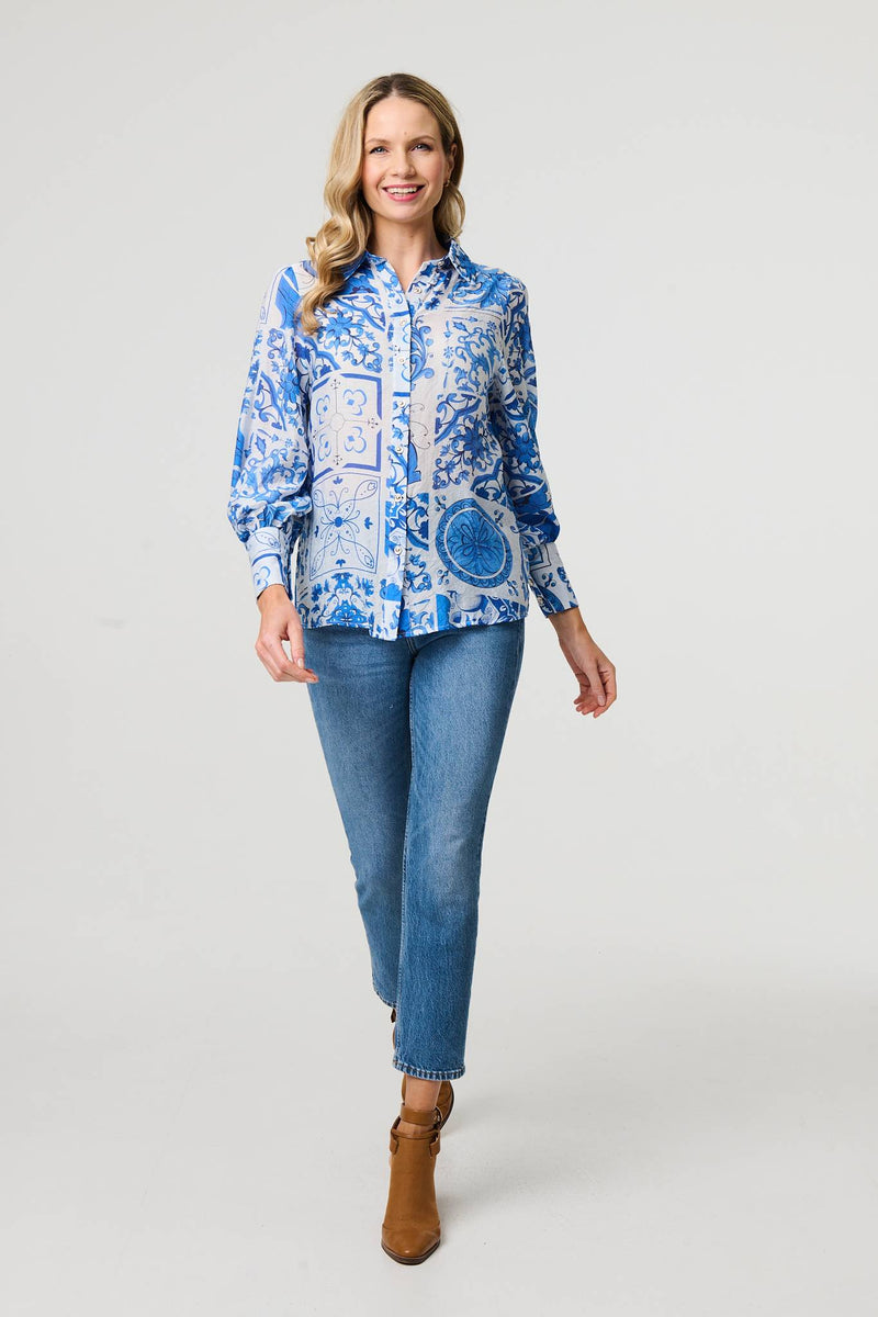 Mosaic Print Puff Sleeve Shirt