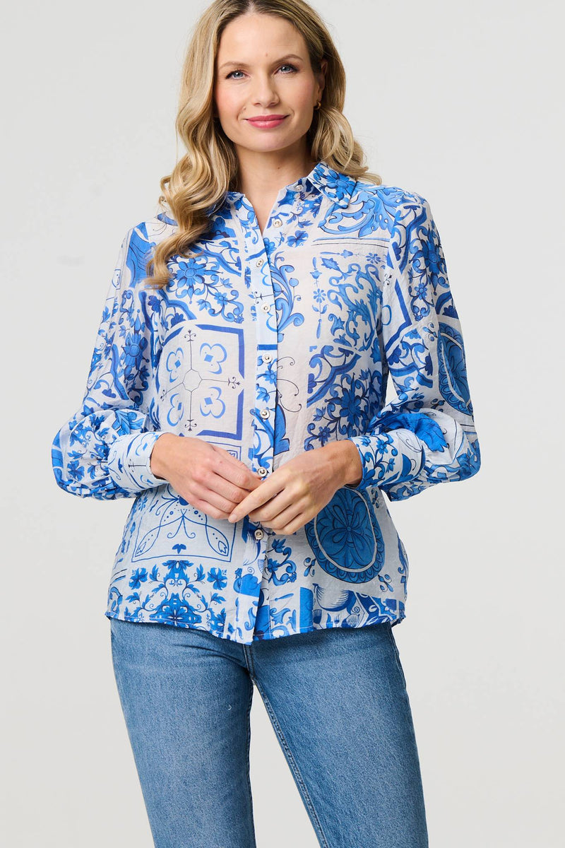 Mosaic Print Puff Sleeve Shirt