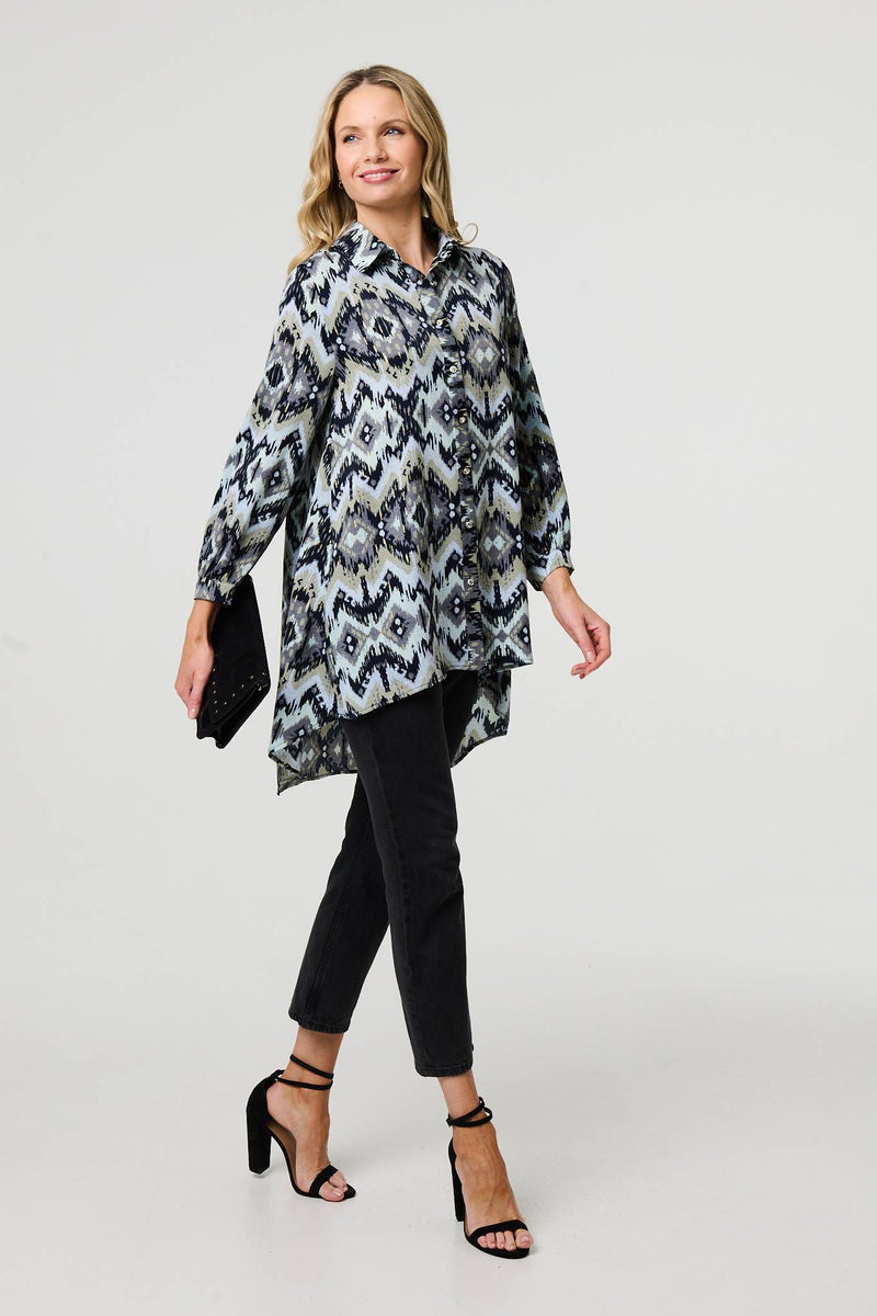 Aztec Print High Low Long Sleeve Shirt