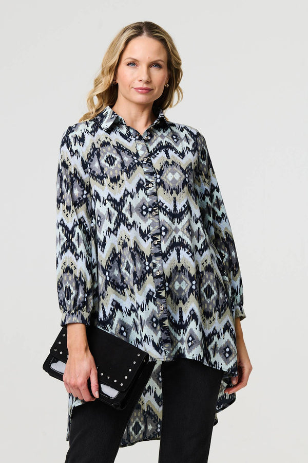 Aztec Print High Low Long Sleeve Shirt