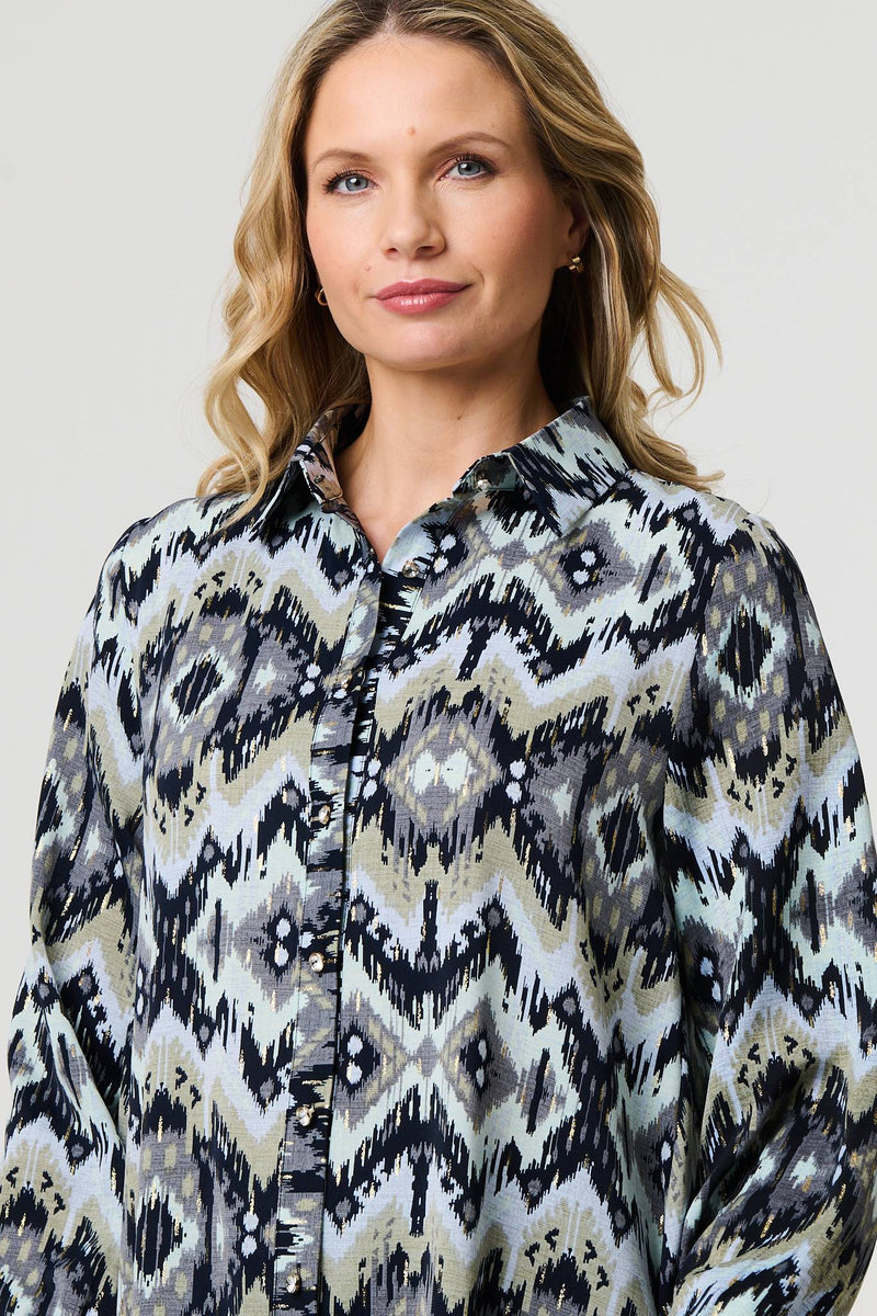 Aztec Print High Low Long Sleeve Shirt
