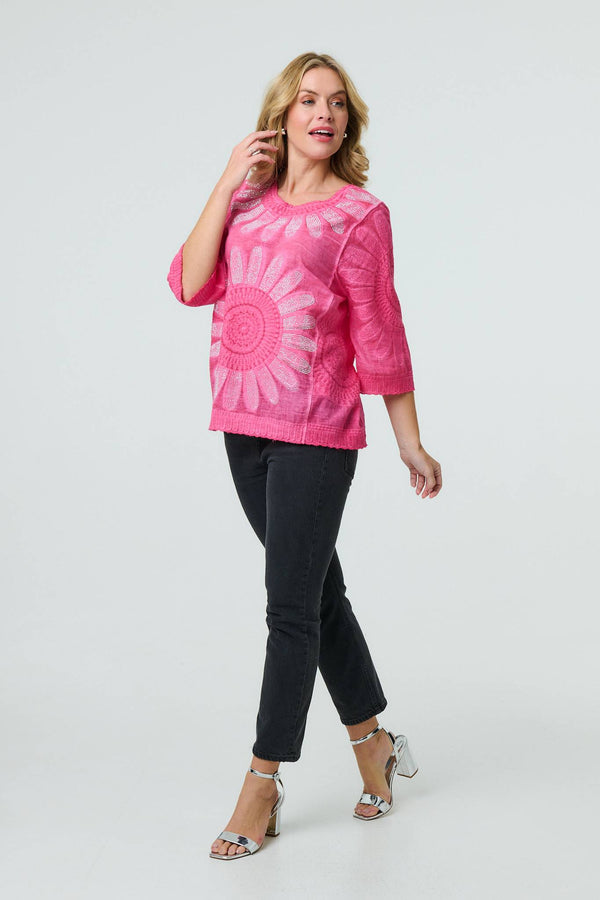 Floral Diamante Stud 3/4 Sleeve Knit Top