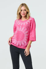 Floral Diamante Stud 3/4 Sleeve Knit Top