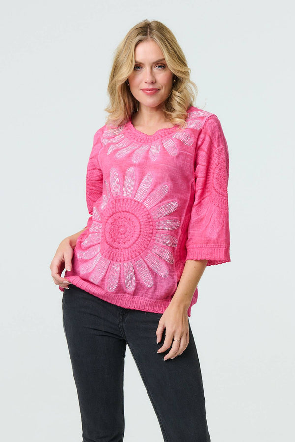 Floral Diamante Stud 3/4 Sleeve Knit Top
