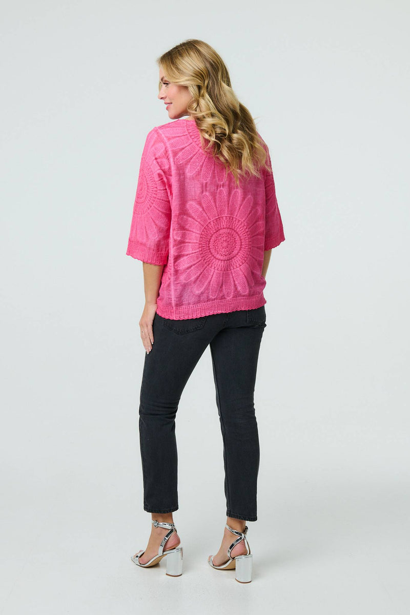 Floral Diamante Stud 3/4 Sleeve Knit Top