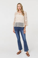 Semi Sheer Crochet 3/4 Sleeve Crop Top