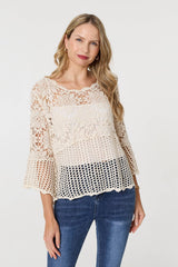 Semi Sheer Crochet 3/4 Sleeve Crop Top