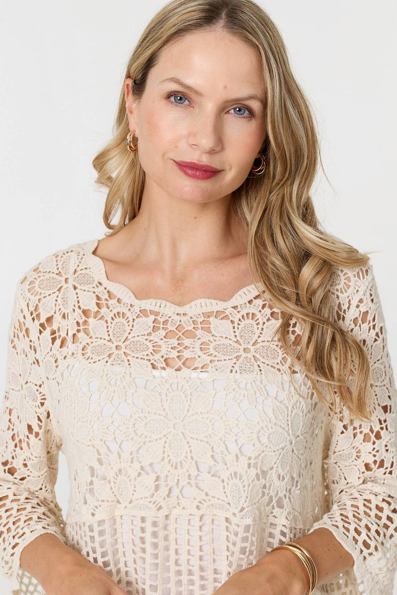 Semi Sheer Crochet 3/4 Sleeve Crop Top