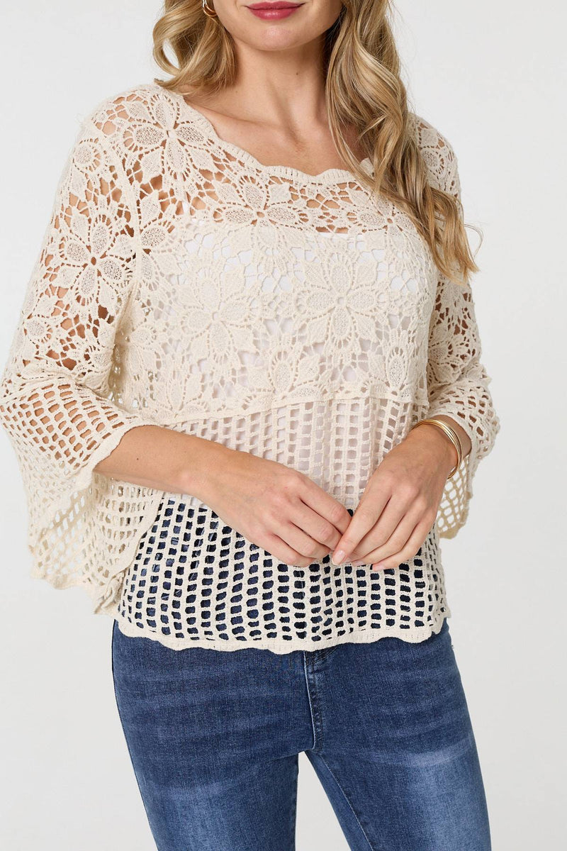 Semi Sheer Crochet 3/4 Sleeve Crop Top