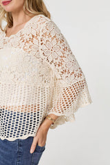 Semi Sheer Crochet 3/4 Sleeve Crop Top