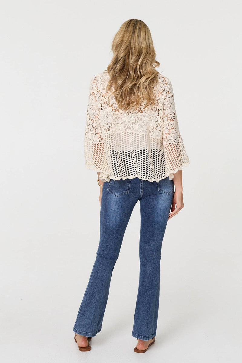 Semi Sheer Crochet 3/4 Sleeve Crop Top
