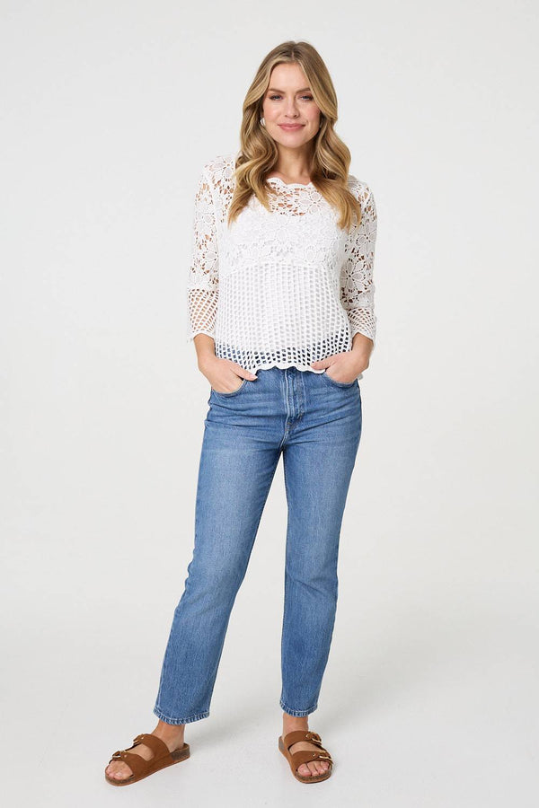 Semi Sheer Crochet 3/4 Sleeve Crop Top