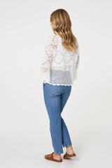 Semi Sheer Crochet 3/4 Sleeve Crop Top