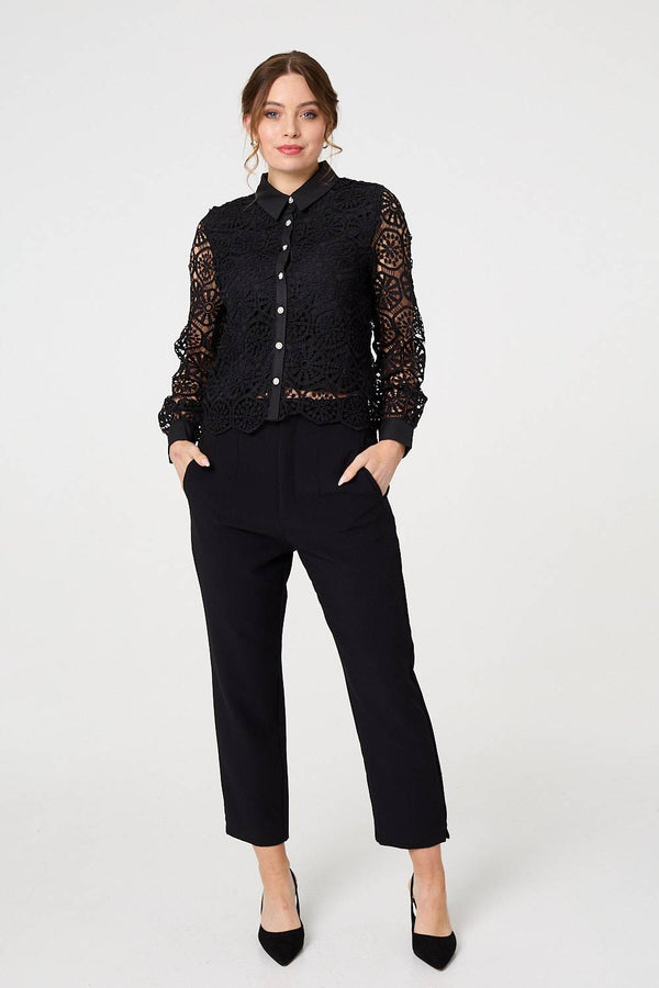 Lace Layer Sheer Sleeve Cropped Shirt