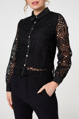 Lace Layer Sheer Sleeve Cropped Shirt