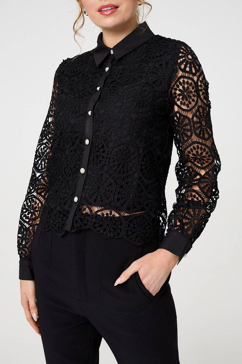 Lace Layer Sheer Sleeve Cropped Shirt