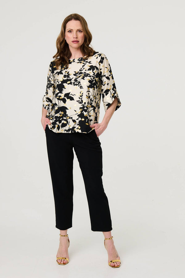 Metallic Trim Leaf Print 3/4 Sleeve Blouse