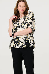 Metallic Trim Leaf Print 3/4 Sleeve Blouse