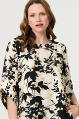 Metallic Trim Leaf Print 3/4 Sleeve Blouse