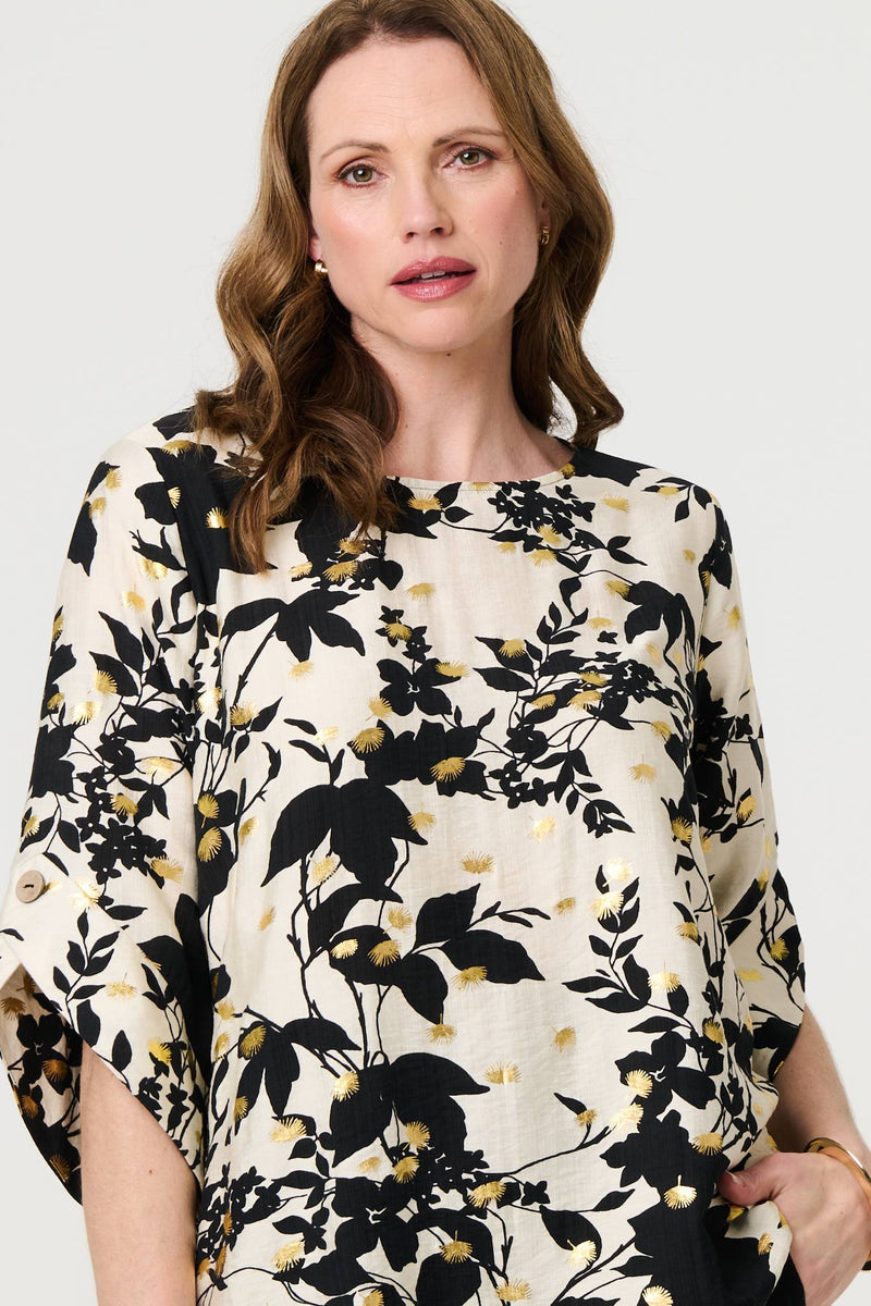 Metallic Trim Leaf Print 3/4 Sleeve Blouse