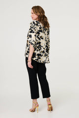 Metallic Trim Leaf Print 3/4 Sleeve Blouse