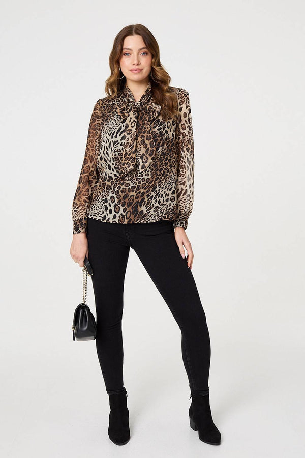 Animal Print Tie Neck Long Sleeve Blouse