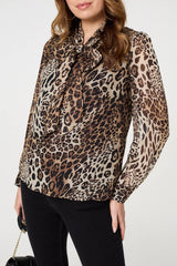 Animal Print Tie Neck Long Sleeve Blouse