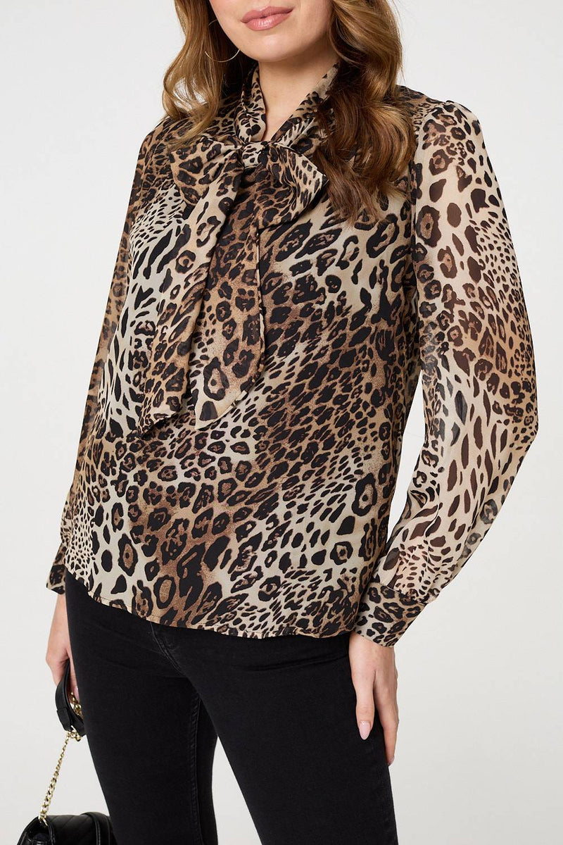 Animal Print Tie Neck Long Sleeve Blouse