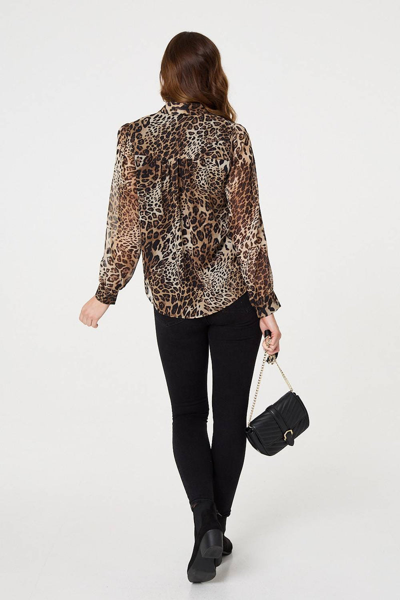 Animal Print Tie Neck Long Sleeve Blouse