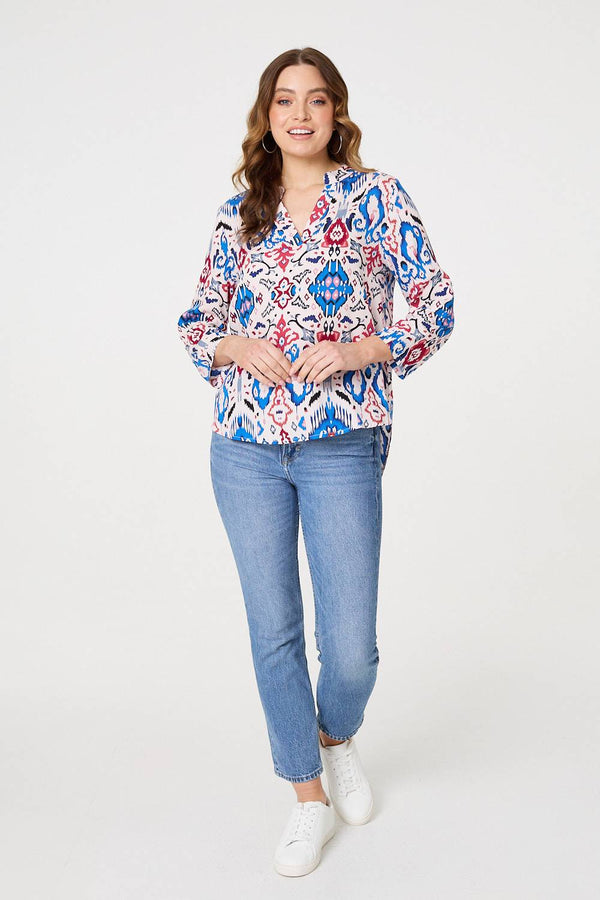 Ikat Print 3/4 Sleeve V-Neck Blouse