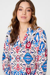 Ikat Print 3/4 Sleeve V-Neck Blouse