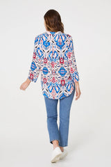 Ikat Print 3/4 Sleeve V-Neck Blouse