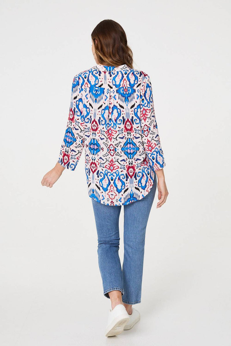 Ikat Print 3/4 Sleeve V-Neck Blouse