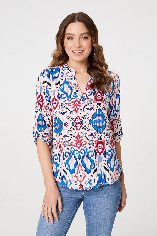 Ikat Print 3/4 Sleeve V-Neck Blouse